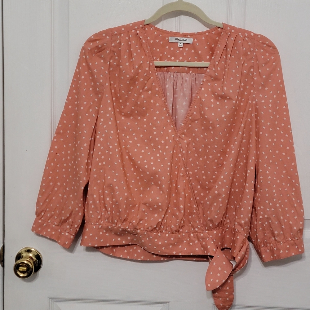 Madewell Cotton Star Print Wrap Shirt with tie and 3/4 sleeves
